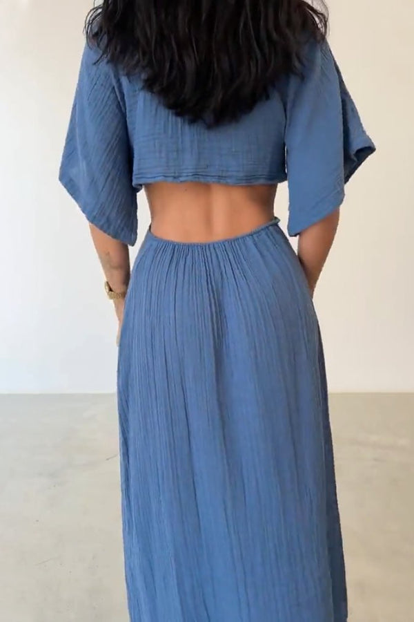 Elda® | Lace-up cotton and linen dress with exposed waist