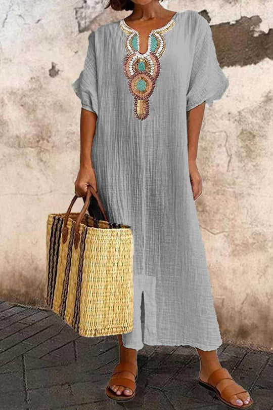 Aurora® | Linen and cotton slit dress with embroidery