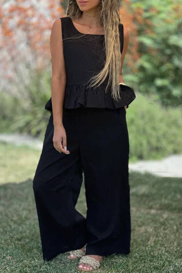 Alba® | Two-piece set consisting of a solid color cotton and linen sleeveless top and wide-leg pants