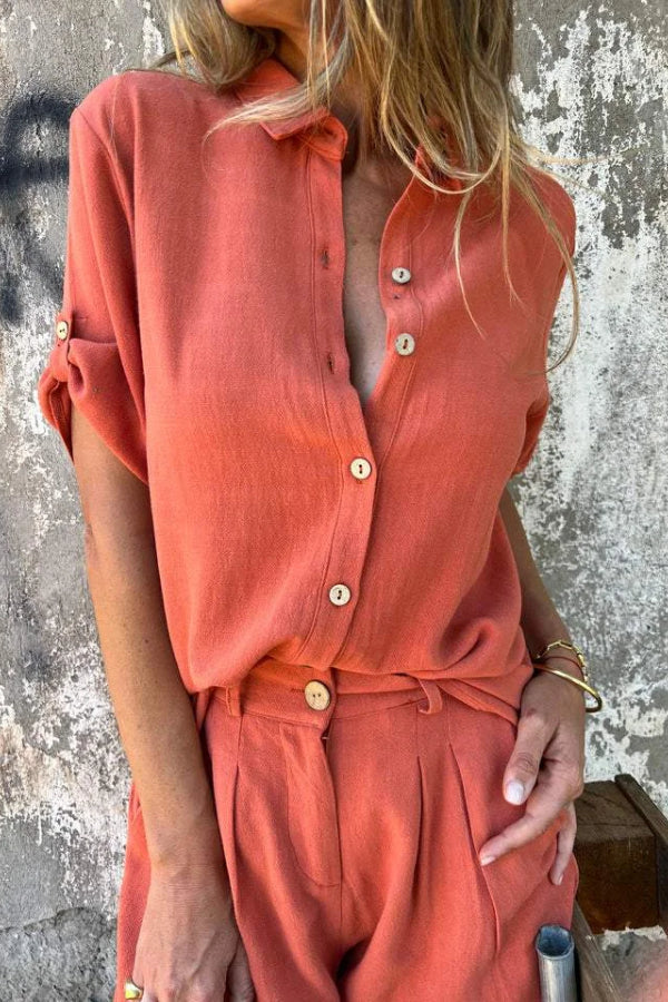 Aranza® | Orange cotton and linen summer suit with short sleeves