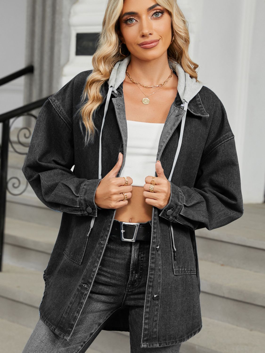 Claudine® | Long-sleeved denim jacket with detachable hood and button placket