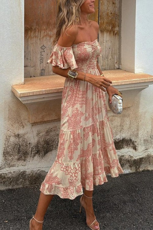 Alexandra® | Unique off shoulder smocked layered midi dress with ruffle sleeves