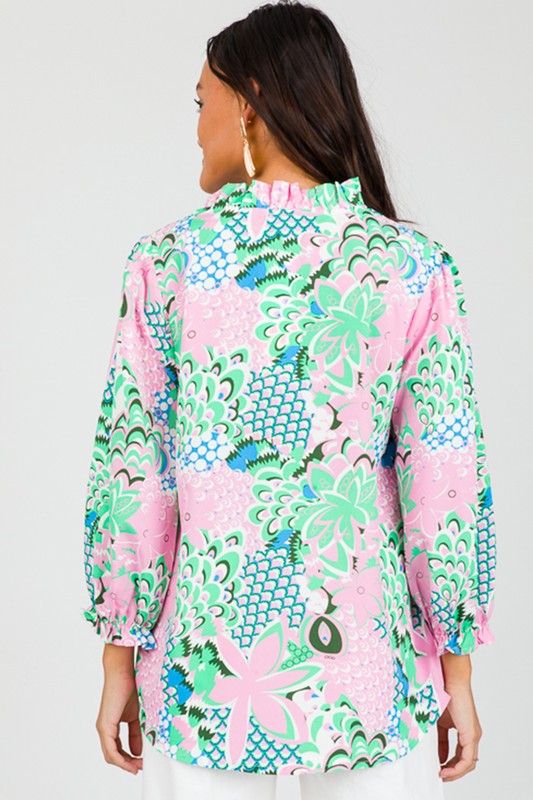 Clementine® | Green, loosely tied blouse with a floral pattern and a V-neck