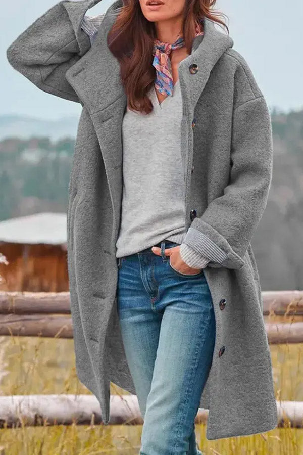 Adriana® | Casual Loose Solid Color Hooded Single-breasted Woolen Coat
