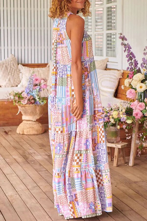 Cinthia® | Long dress with floral puzzle and round neck