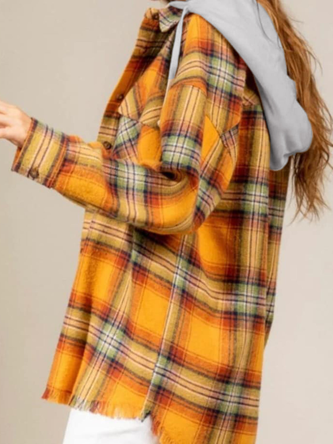Carmen® | Checked long sleeve hooded jacket with raw hem