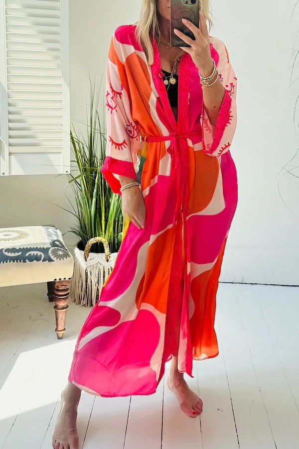 Dolores® | Elevate Beach Style Unique Print Long Sleeve Belted Pocket Cover-up Kimono