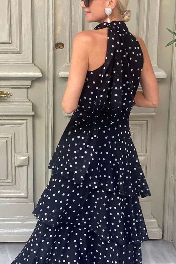 Elisa® | Tiered maxi dress with a polka dot halterneck and a bow at the neckline