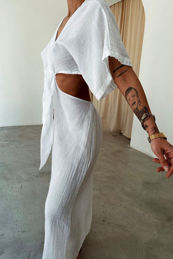 Elda® | Lace-up cotton and linen dress with exposed waist