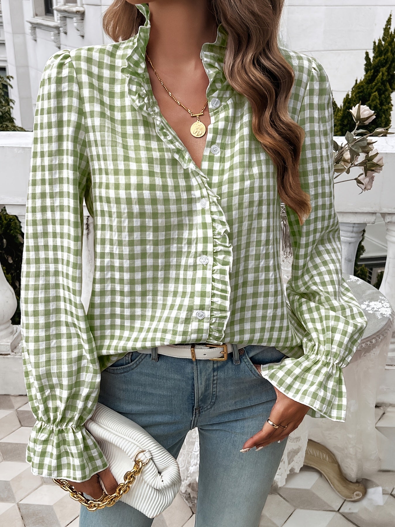 Brelynn® | Elegant Checked Ruffle Blouse With Long Sleeves For Women