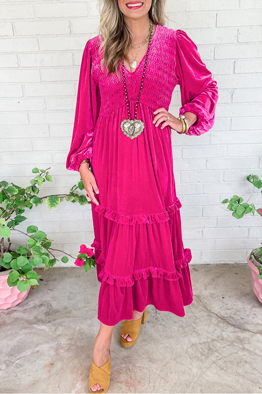 Charlie® | Ruched velvet dress with V-neck and long sleeves