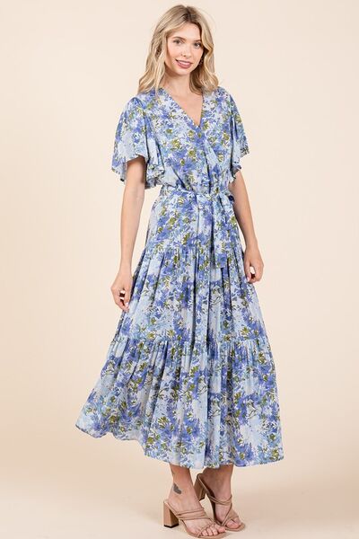 Dana® | Tiered floral dress with tie waist and flutter sleeves