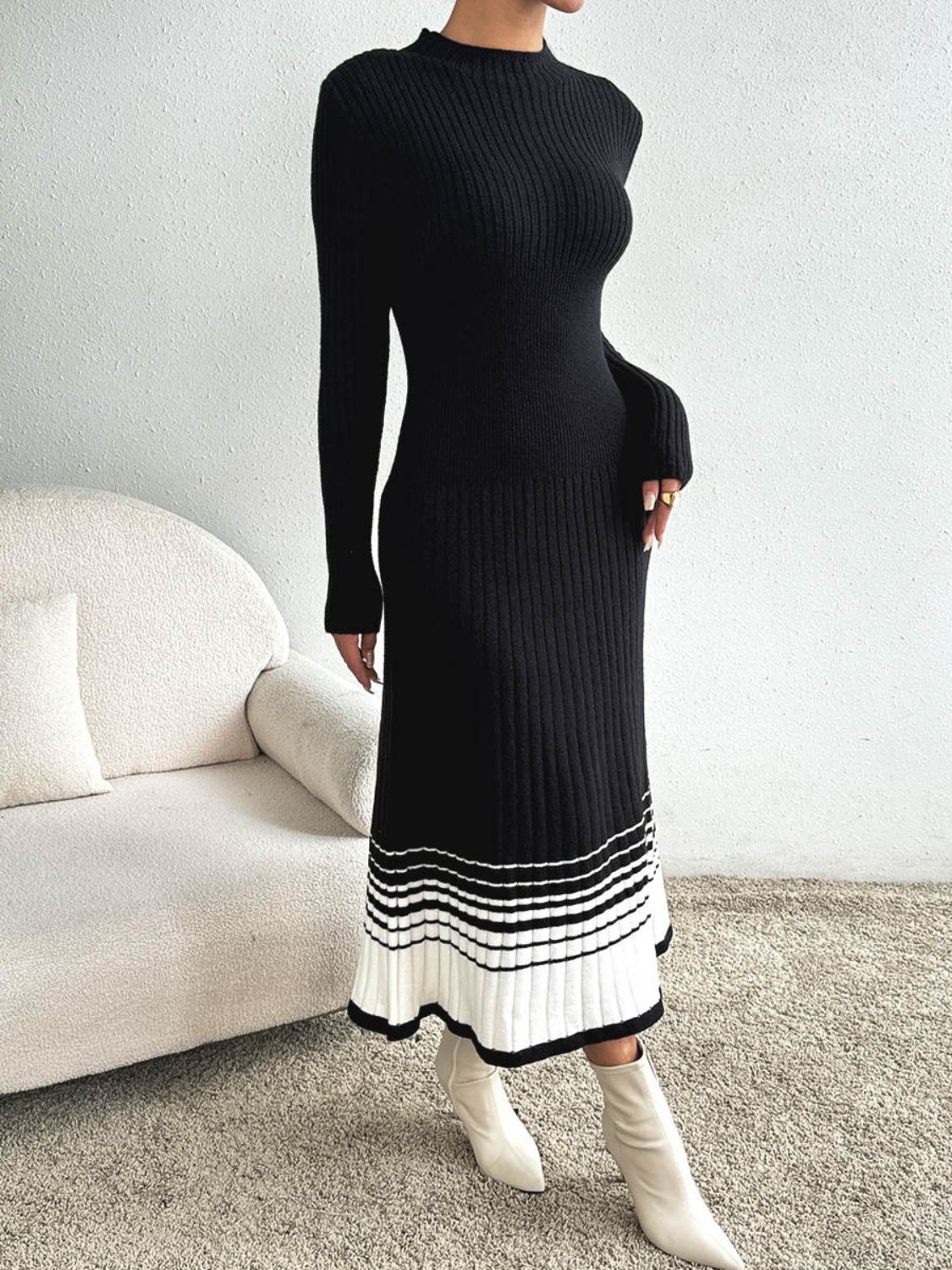 Cristina® | Contrasting colored sweater dress with a stand-up collar and long sleeves