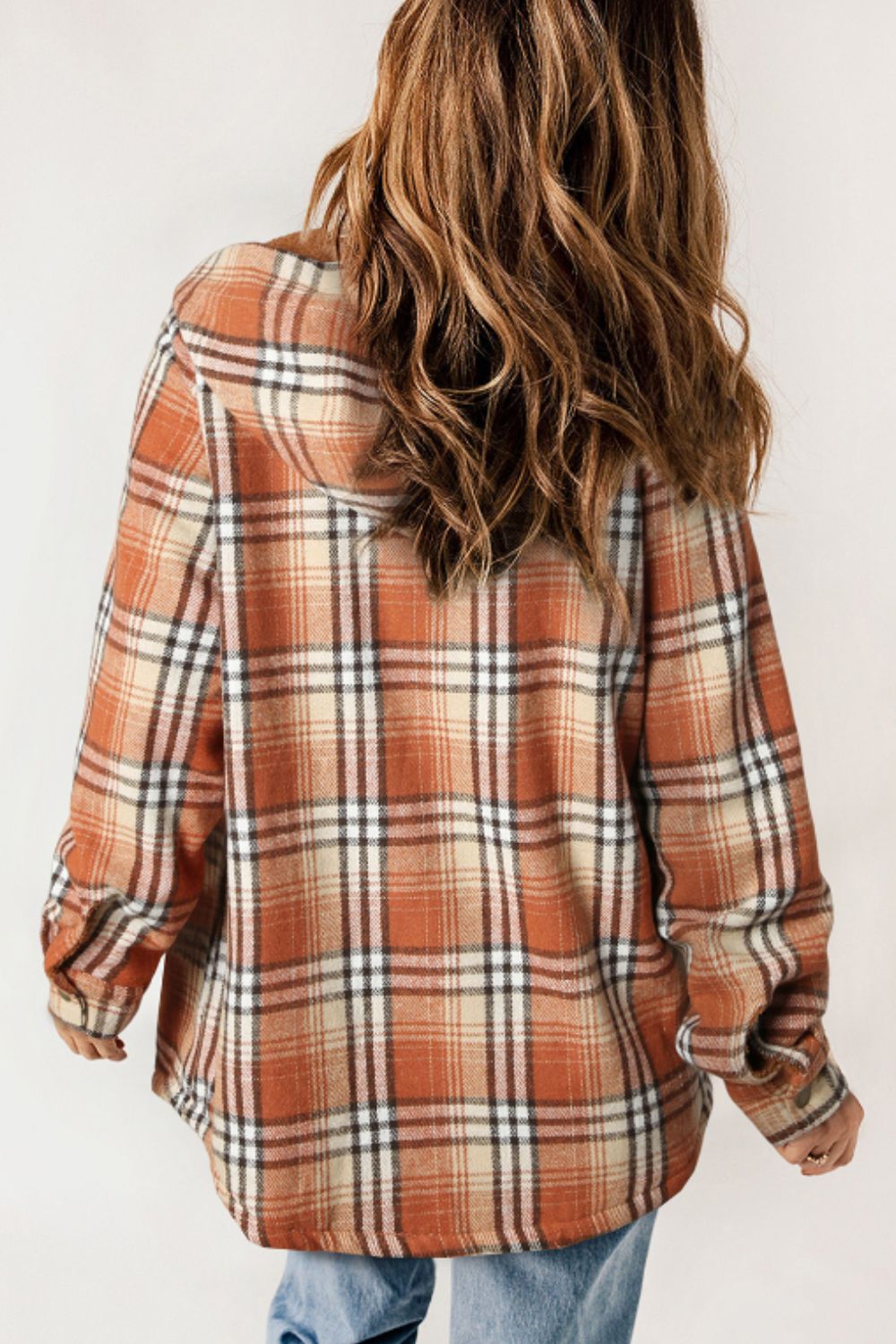 Brigida® | Checked button down long sleeve hooded jacket