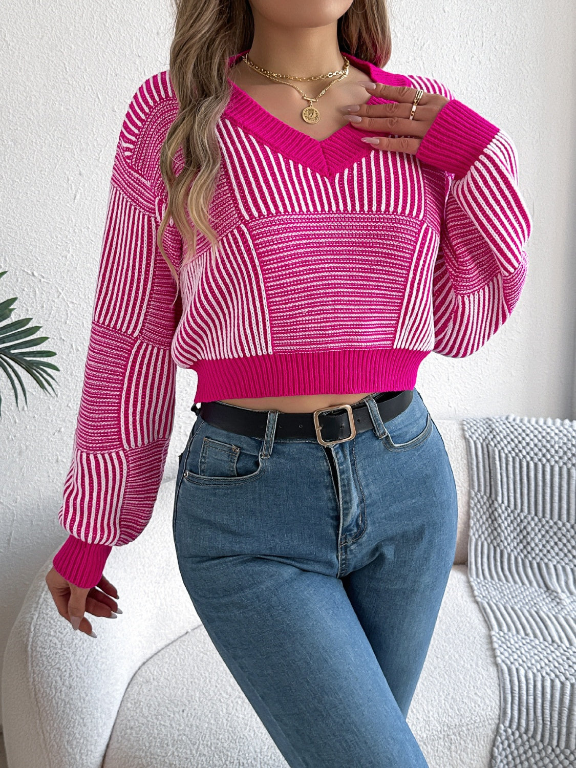 Adeline® | Striped long-sleeved sweater with V-neck