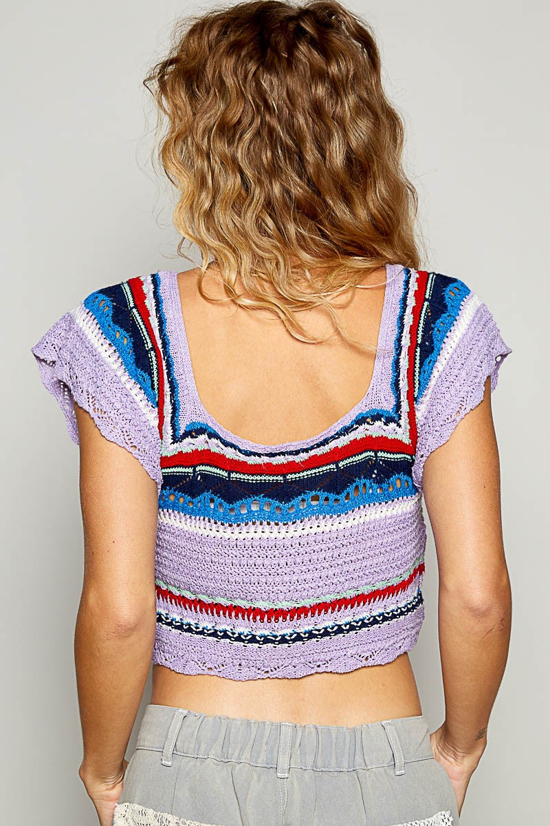 Elda® | Short knitted top with an openwork ethnic pattern and a square neckline