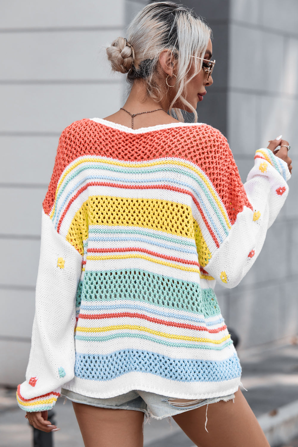 Elara® | Hollow striped color block crew neck sweater