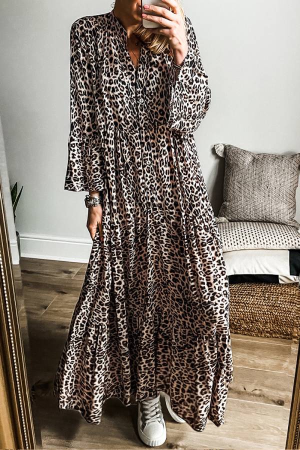 Avery® | Apricot tiered leopard print maxi dress with wide sleeves