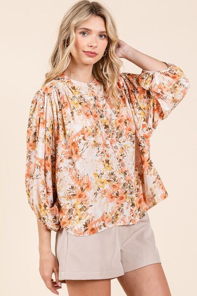 Edna® | Floral blouse with batwing sleeves and button placket