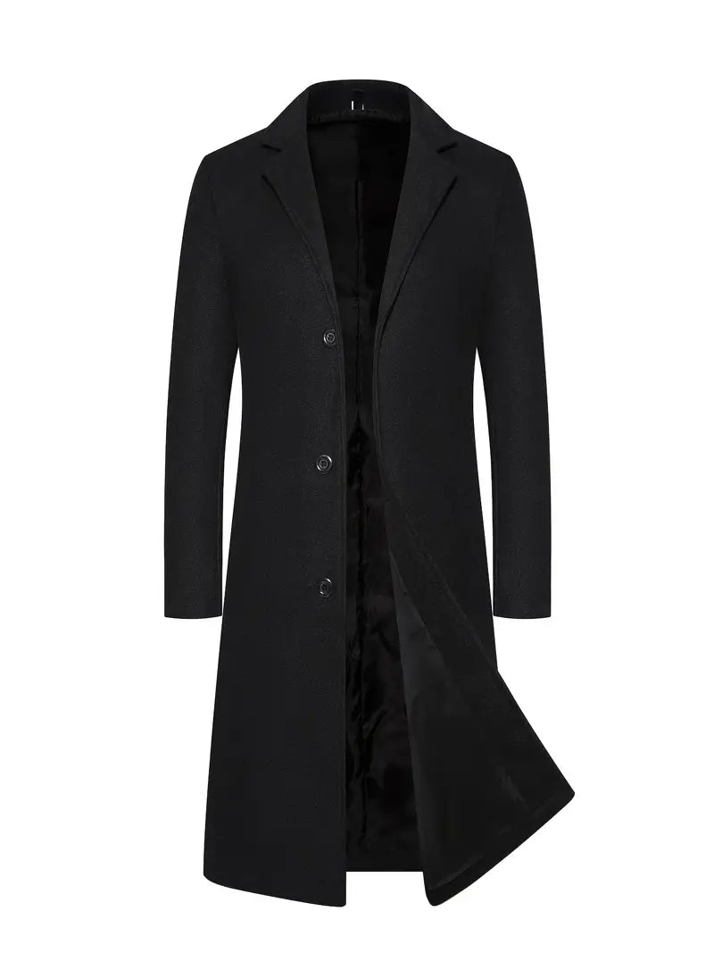 Men’s Full Length Coat – Tailored Fit – Wool Feel – Notch Lapel – Three Button Closure
