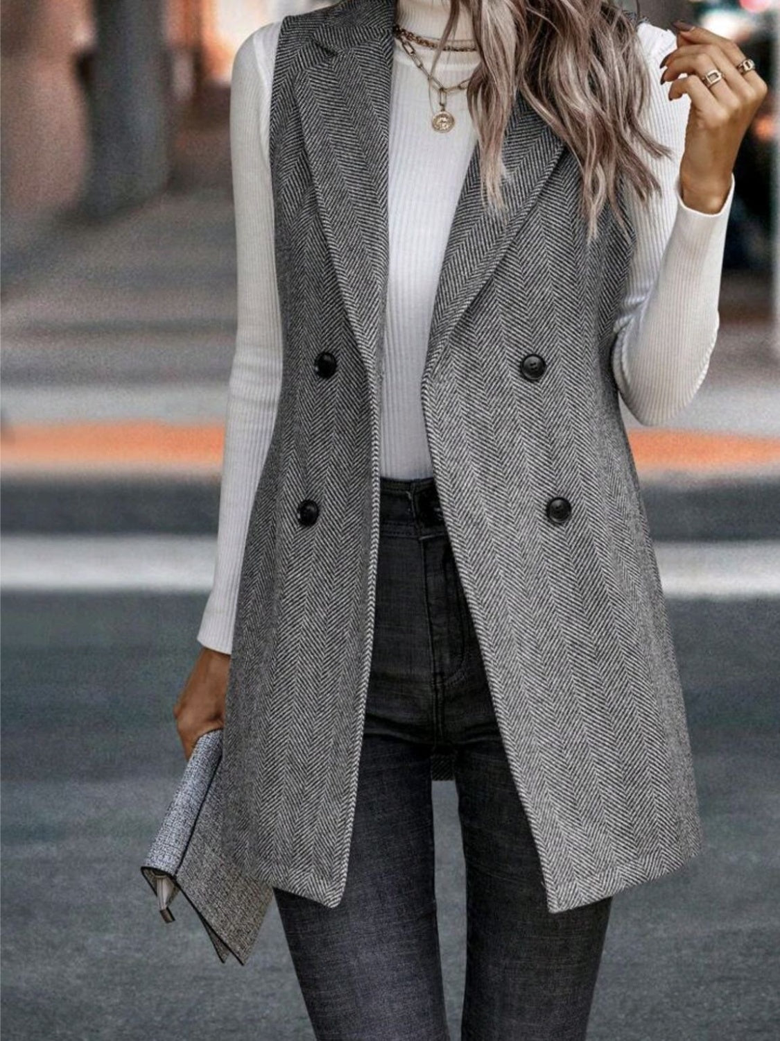 Carolin® | Long cut vest coat with buttoned collar and collar