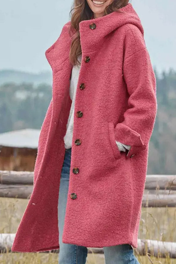 Adriana® | Casual Loose Solid Color Hooded Single-breasted Woolen Coat