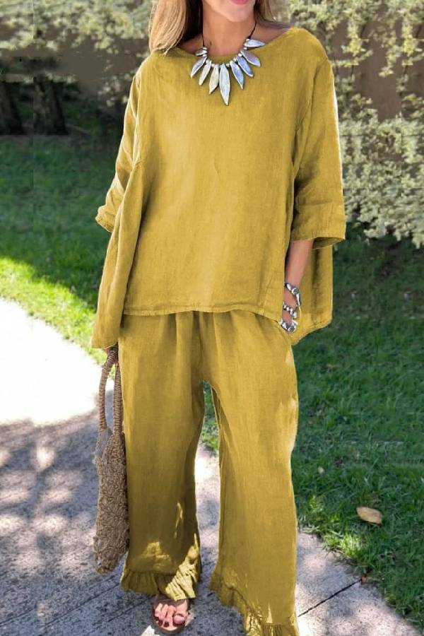 Claudia® | Casual solid color loose cotton linen top and pants two piece set
