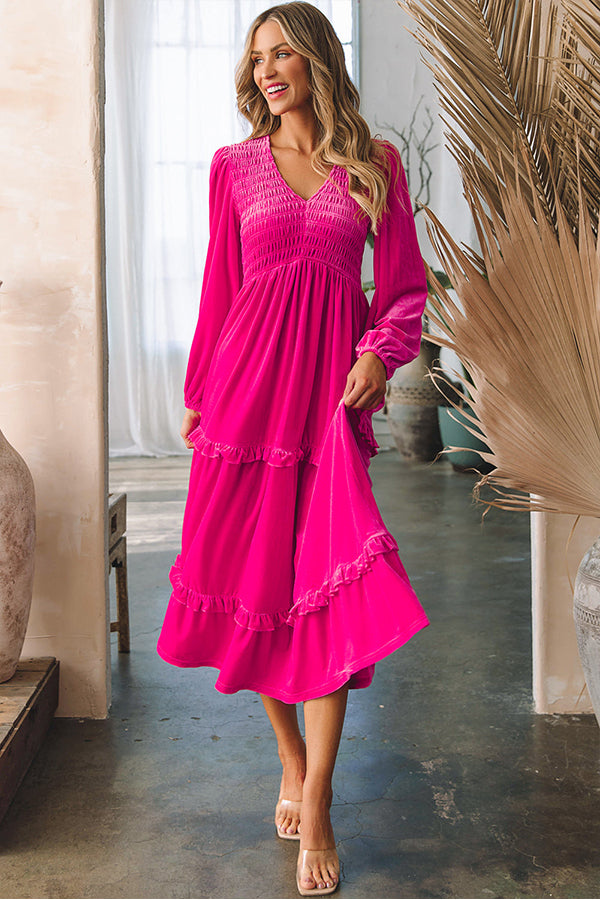 Charlie® | Ruched velvet dress with V-neck and long sleeves