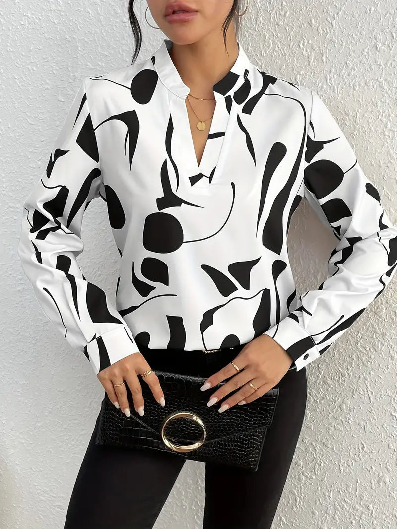 Browsher® | V-Neck Blouse With Geo Print, Comfortable Long-Sleeved Top
