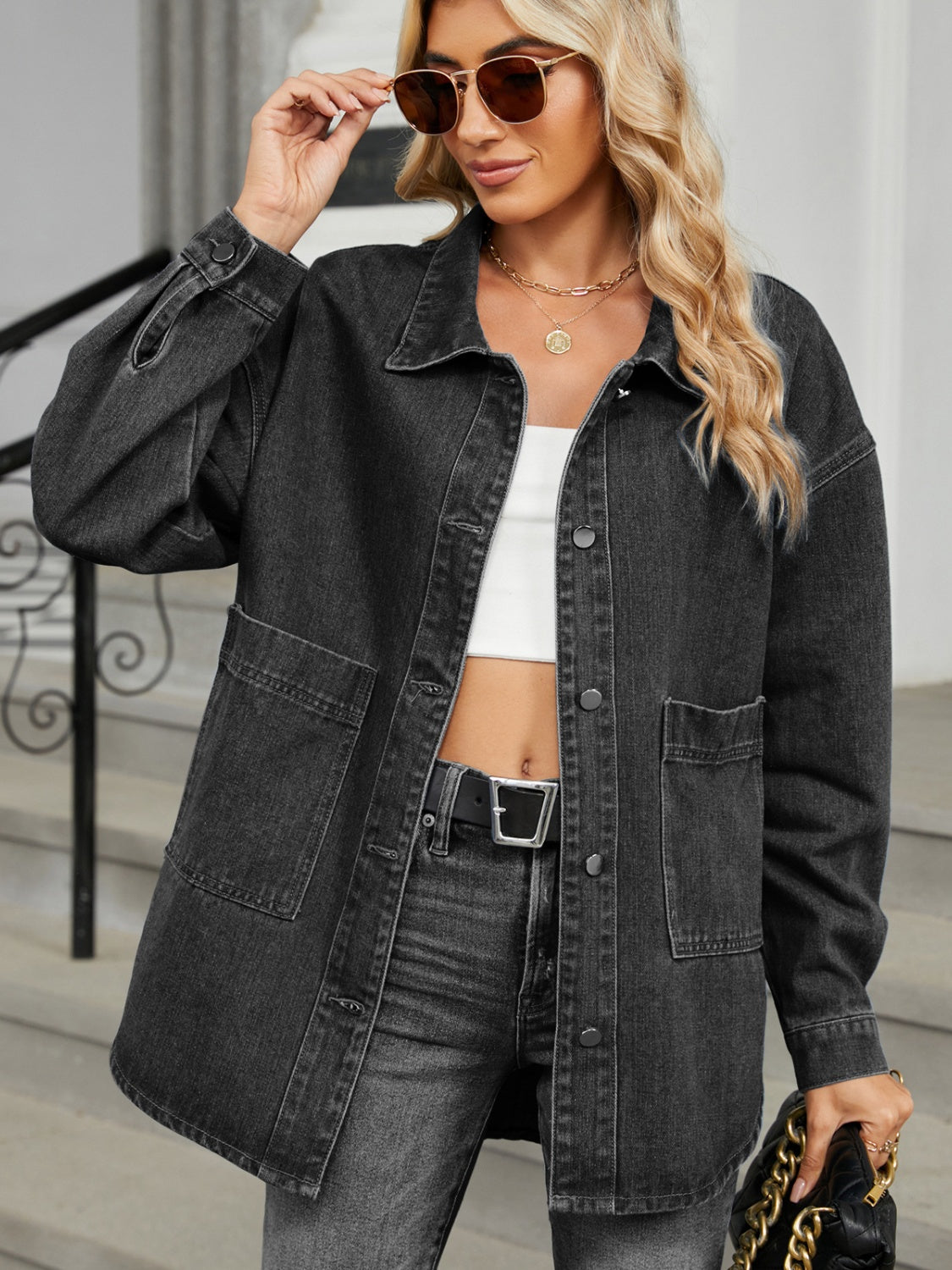 Claudine® | Long-sleeved denim jacket with detachable hood and button placket