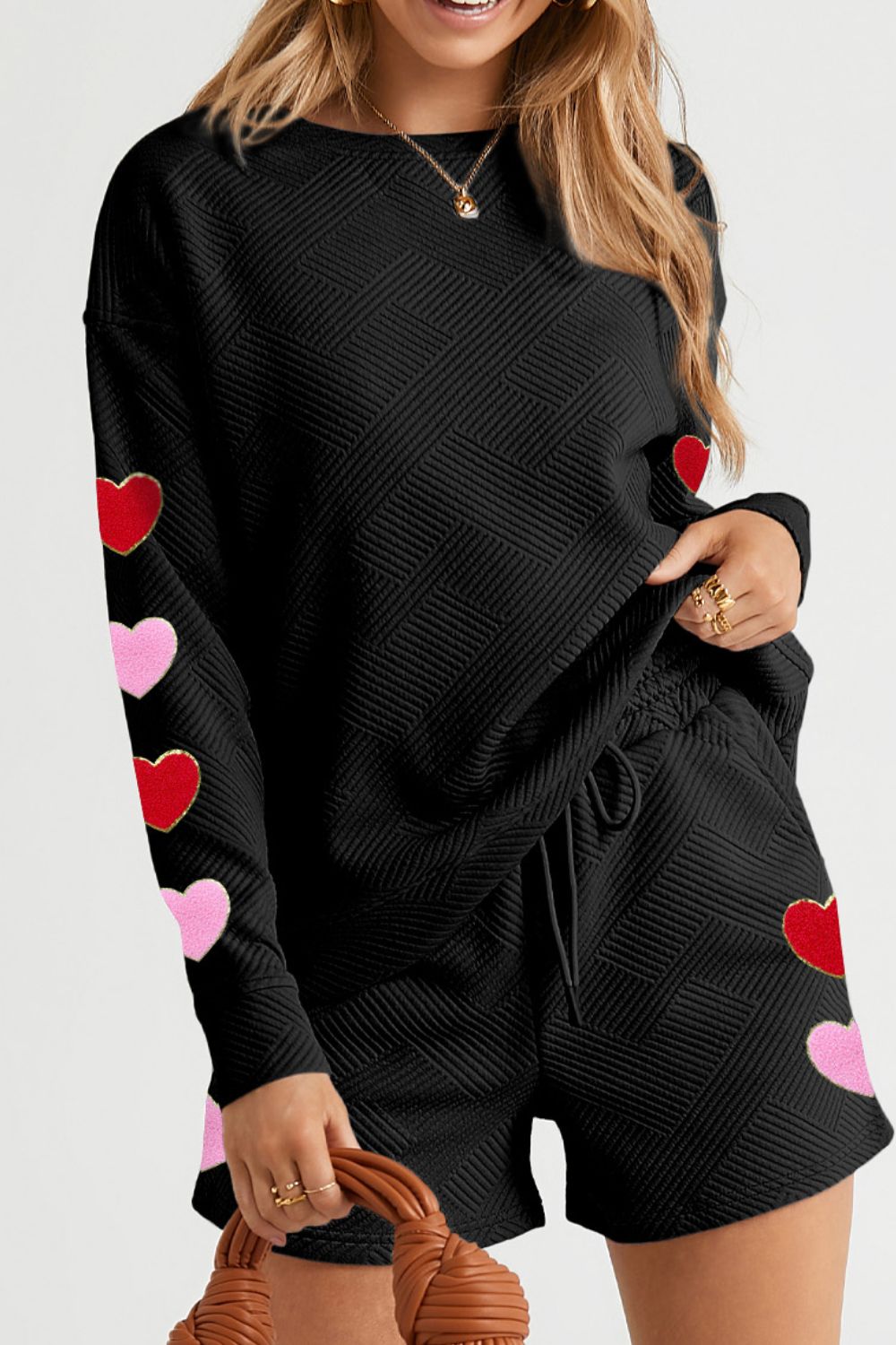 Cristina® | Set consisting of a heart textured crew neck top and drawstring shorts