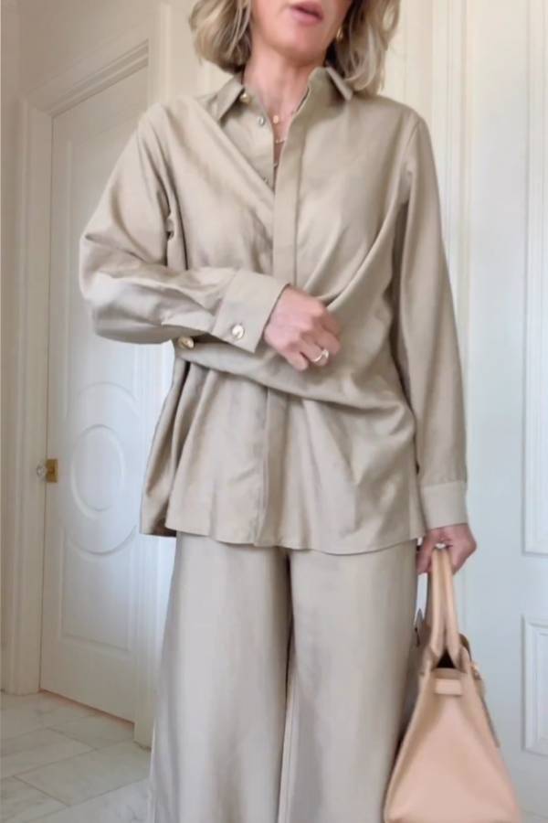 Diana® | Cross-waist shirt and wide-leg pants suit