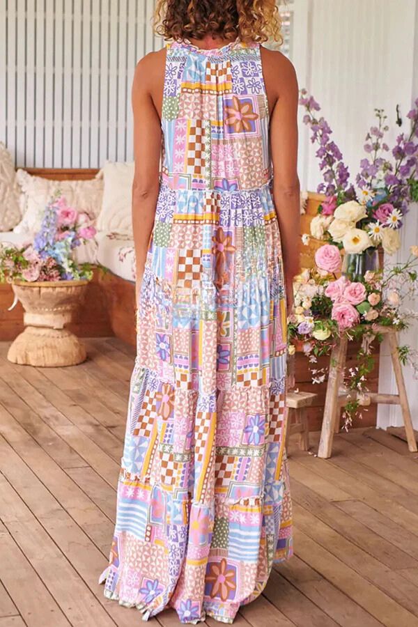 Cinthia® | Long dress with floral puzzle and round neck