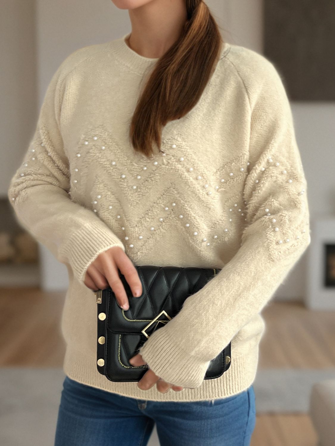 Concepcion® | Round neck sweater with raglan sleeves and pearl trim