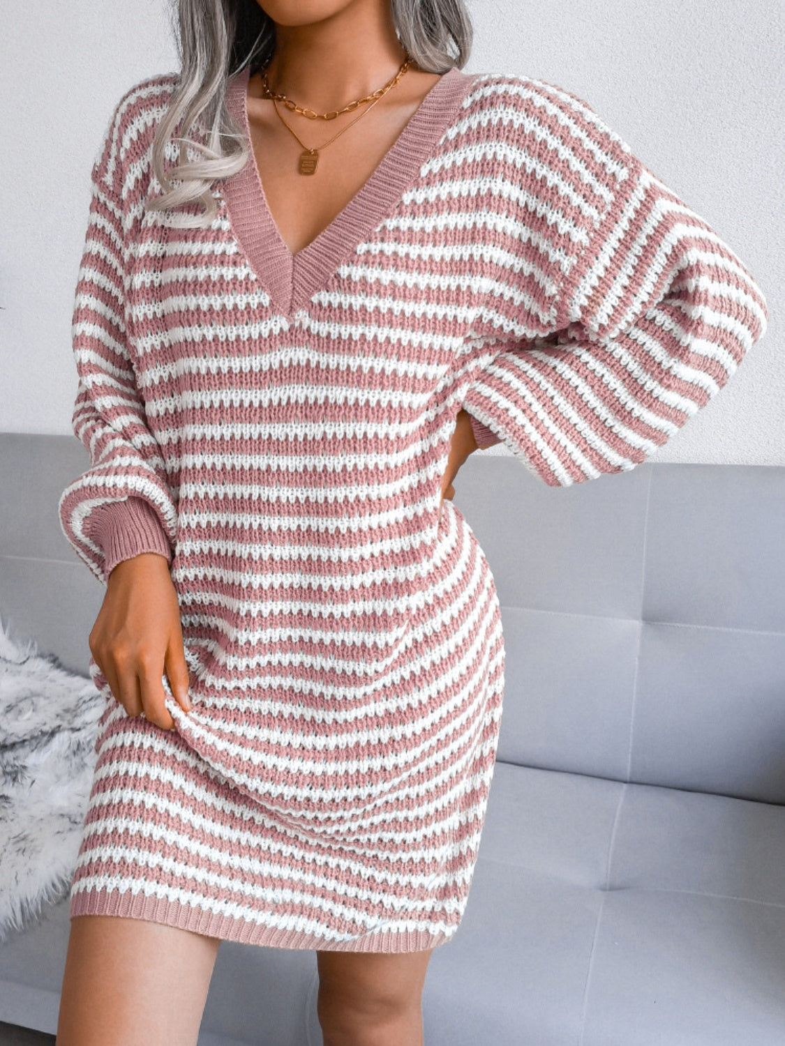 Ashley® | Striped mini sweater dress with V-neck and long sleeves