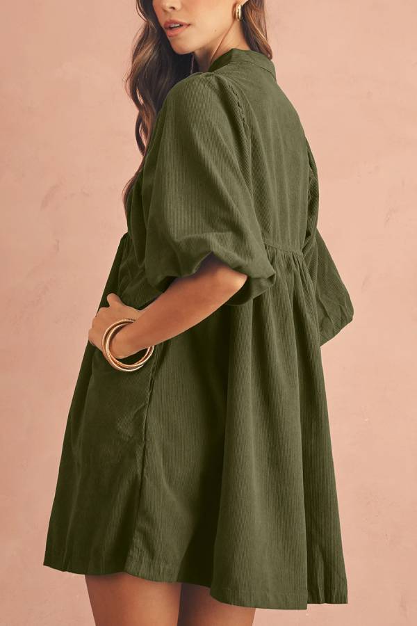 Catalina® | Vineyard Green Corduroy Snap Button Empire Waist Lantern Sleeve Dress