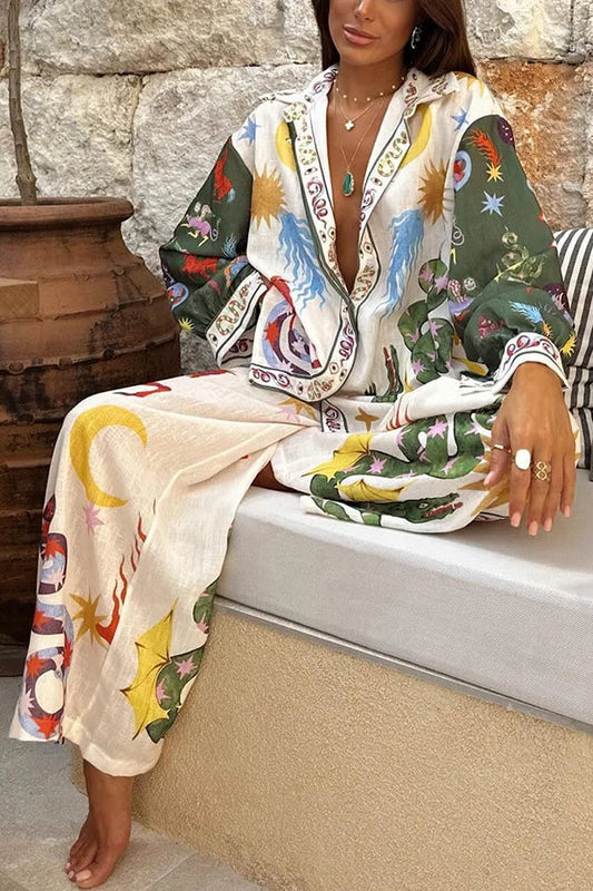 Antonella® | Bohemian Beauty long sleeve loose shirt and elastic waist pants set with unique print