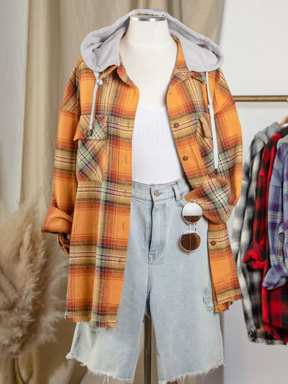 Carmen® | Checked long sleeve hooded jacket with raw hem