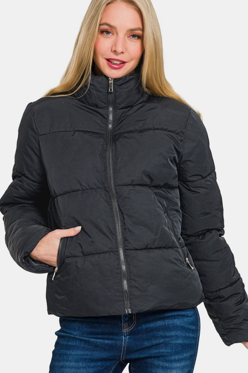 Andrea® | Zenana turtleneck puffer jacket with zip and pockets