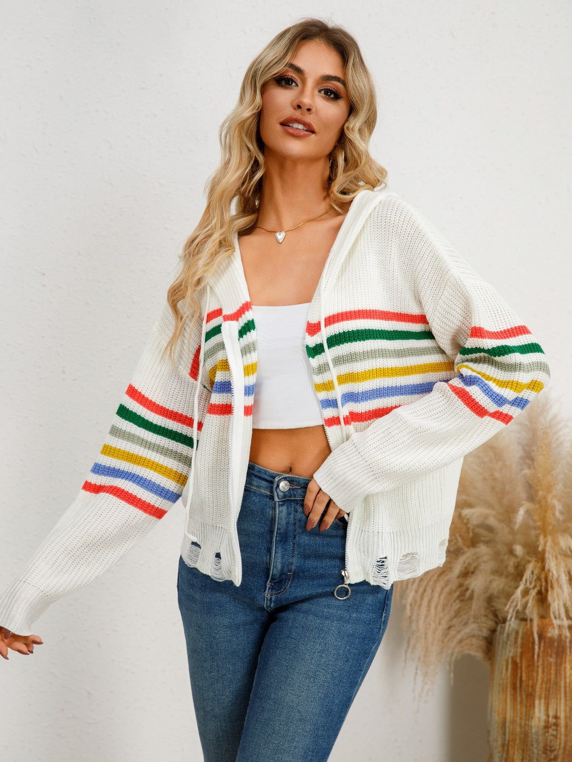 Clara® | Striped cardigan with hood and dropped shoulders and drawstring