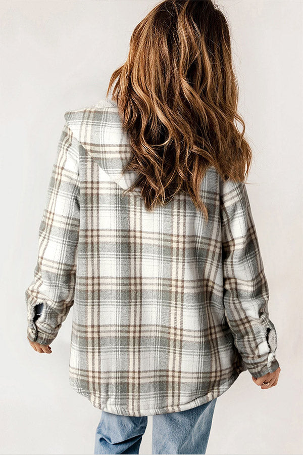 Agustina® | Snap Button Sherpa Lined Hooded Flannel Jacket