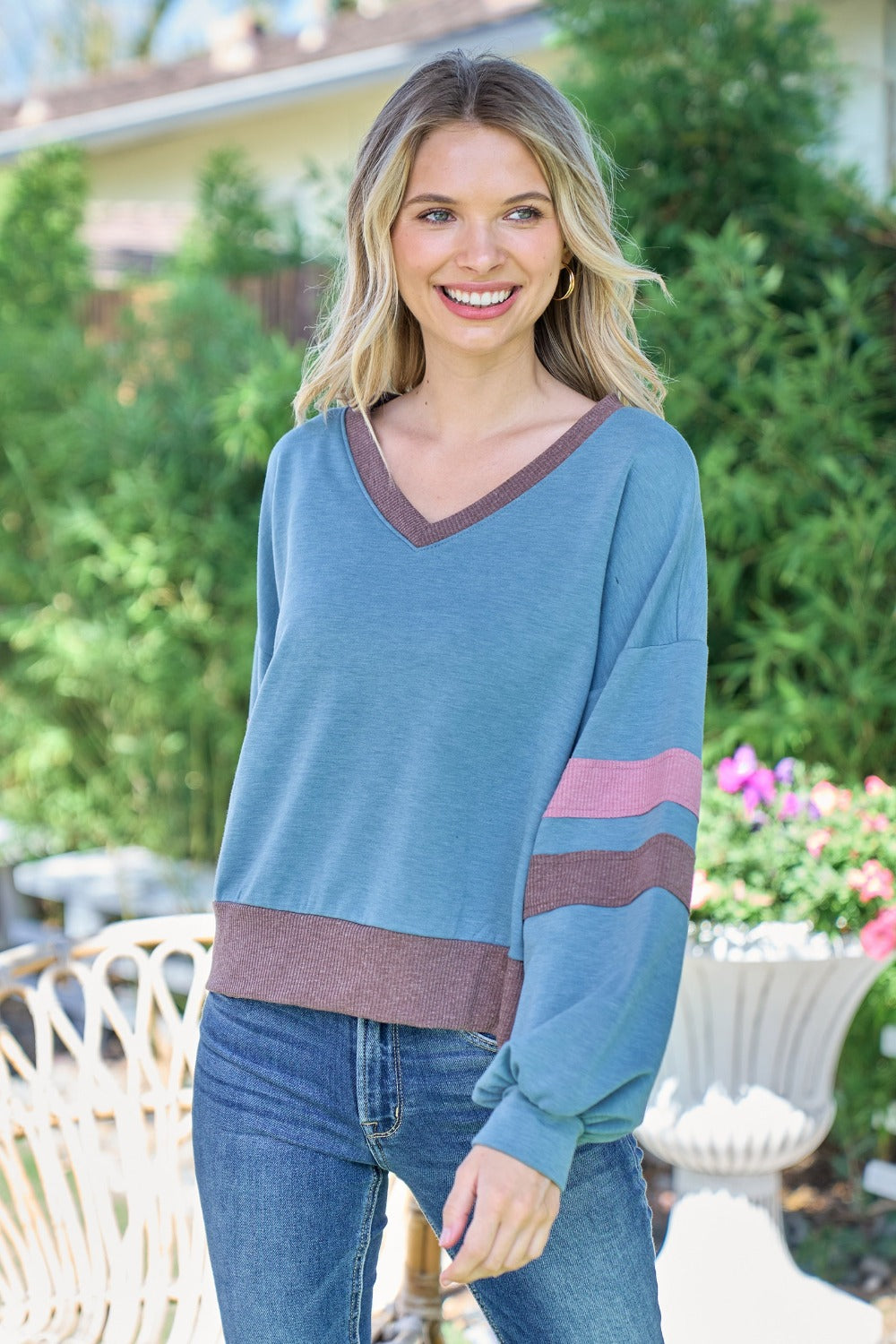 Cristina® | Hailey & Co. color block V-neck cropped sweatshirt