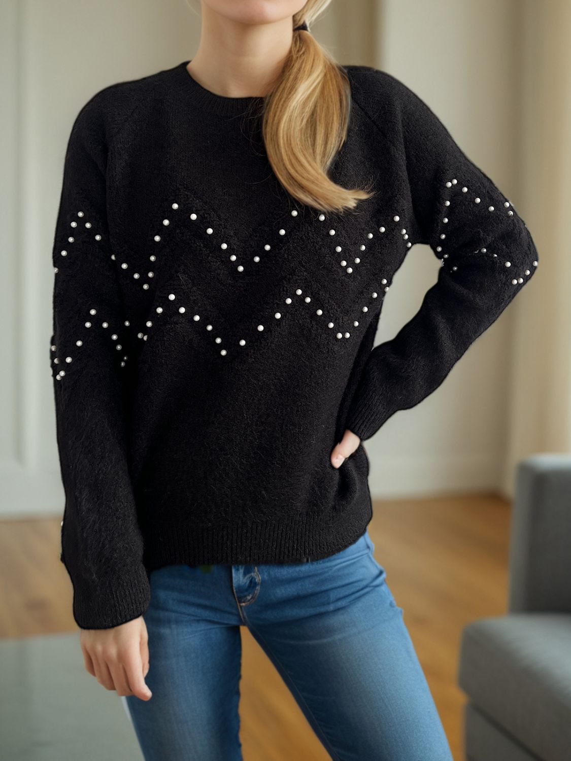Concepcion® | Round neck sweater with raglan sleeves and pearl trim