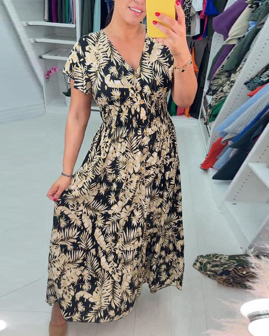 Beatriz® | Short sleeve V-neck leaf print dress