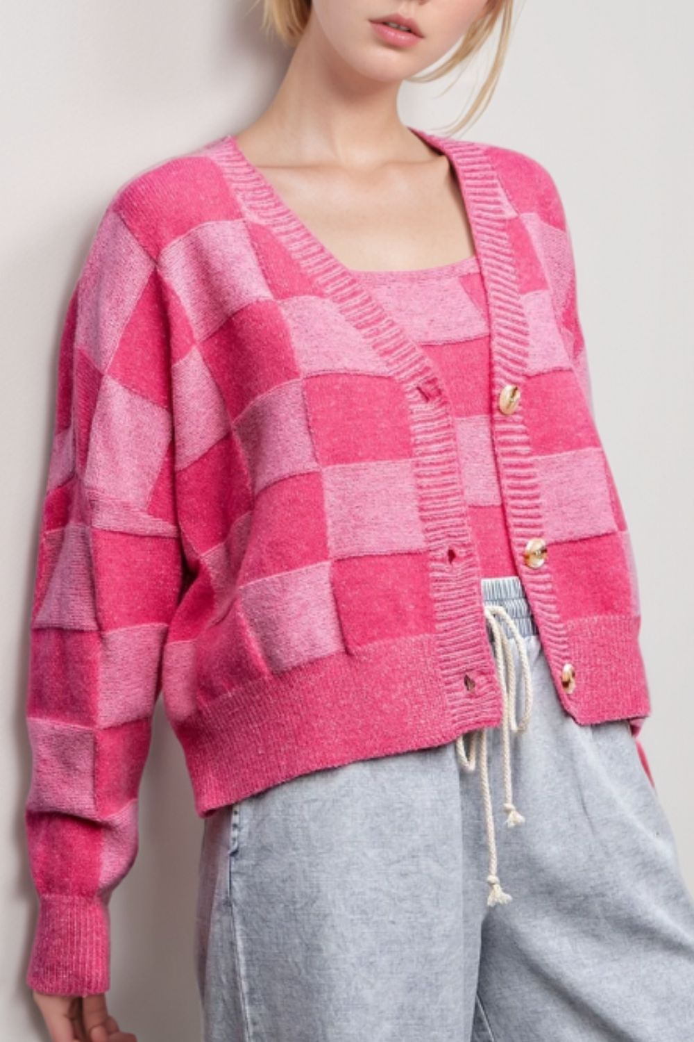 Araceli | Checked long-sleeved cardigan with V-neck
