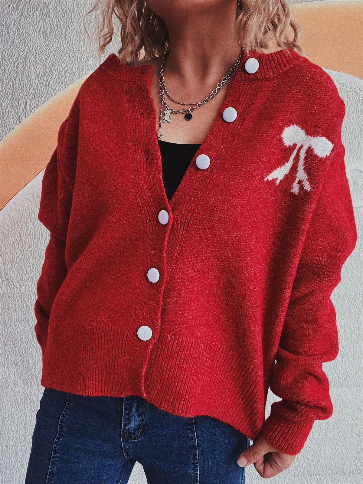 Beate® | Long-sleeved cardigan with bow and round neckline and buttons