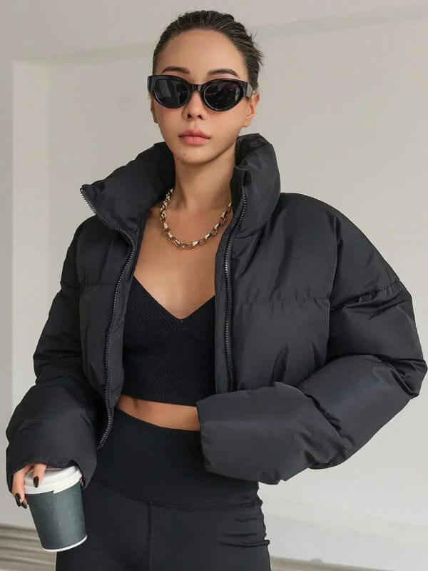 Women’s Puffer Jacket – Cropped Fit – Glossy Quilted Finish – Padded High Collar