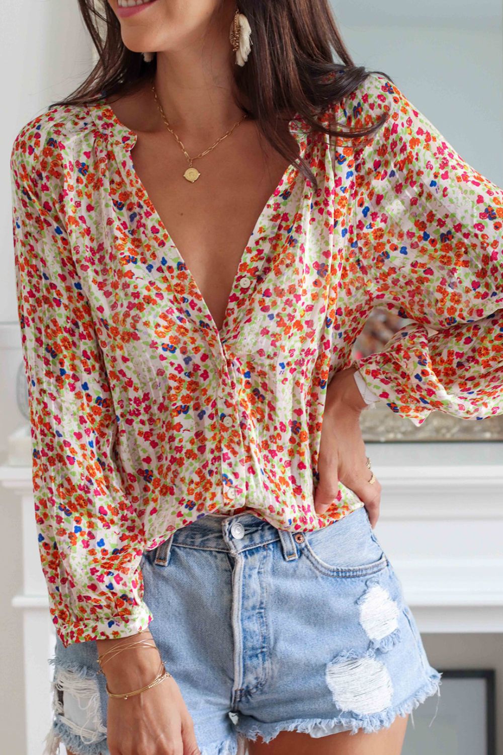 Delia® | Printed notched long sleeve shirt