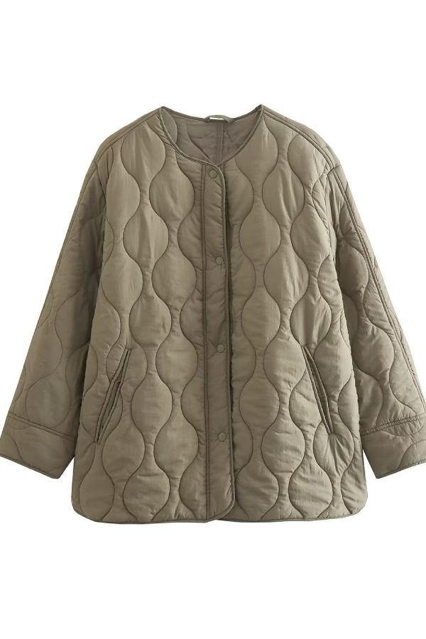 Casandra® | Solid Color Loose Round Neck Quilted Jacket