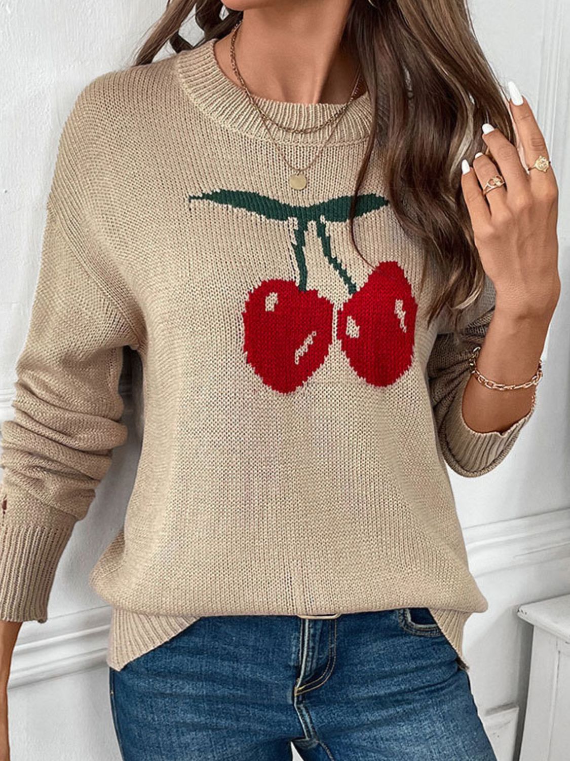 Cintia® | Perfee Cherry crew neck long sleeve sweater